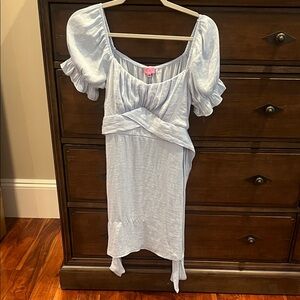 Blue Wrap Sundress with Puff Sleeves for Cocktail